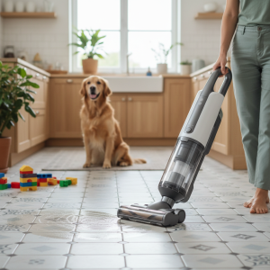 Illustration réaliste sur Meilleur aspirateur laveur famille : guide 2026