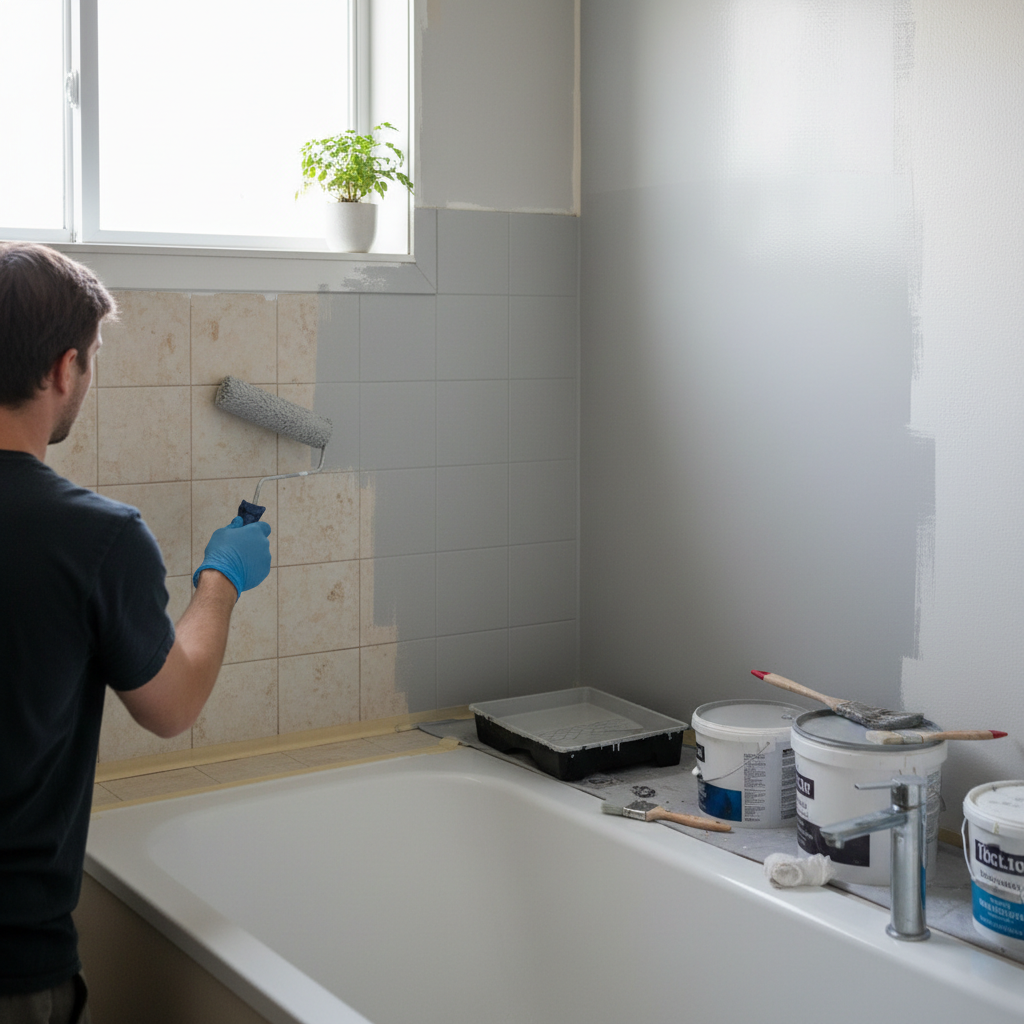 Illustration réaliste sur Peinture carrelage salle de bain : guide pratique